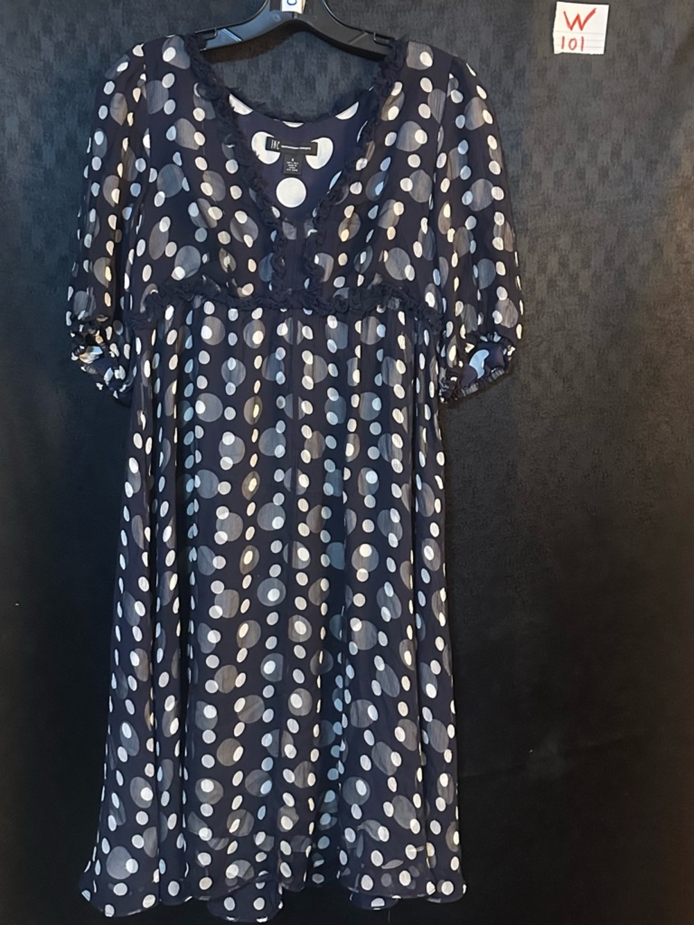 INC International Concepts Navy and White Polka Dot Puff Sleeve Dress